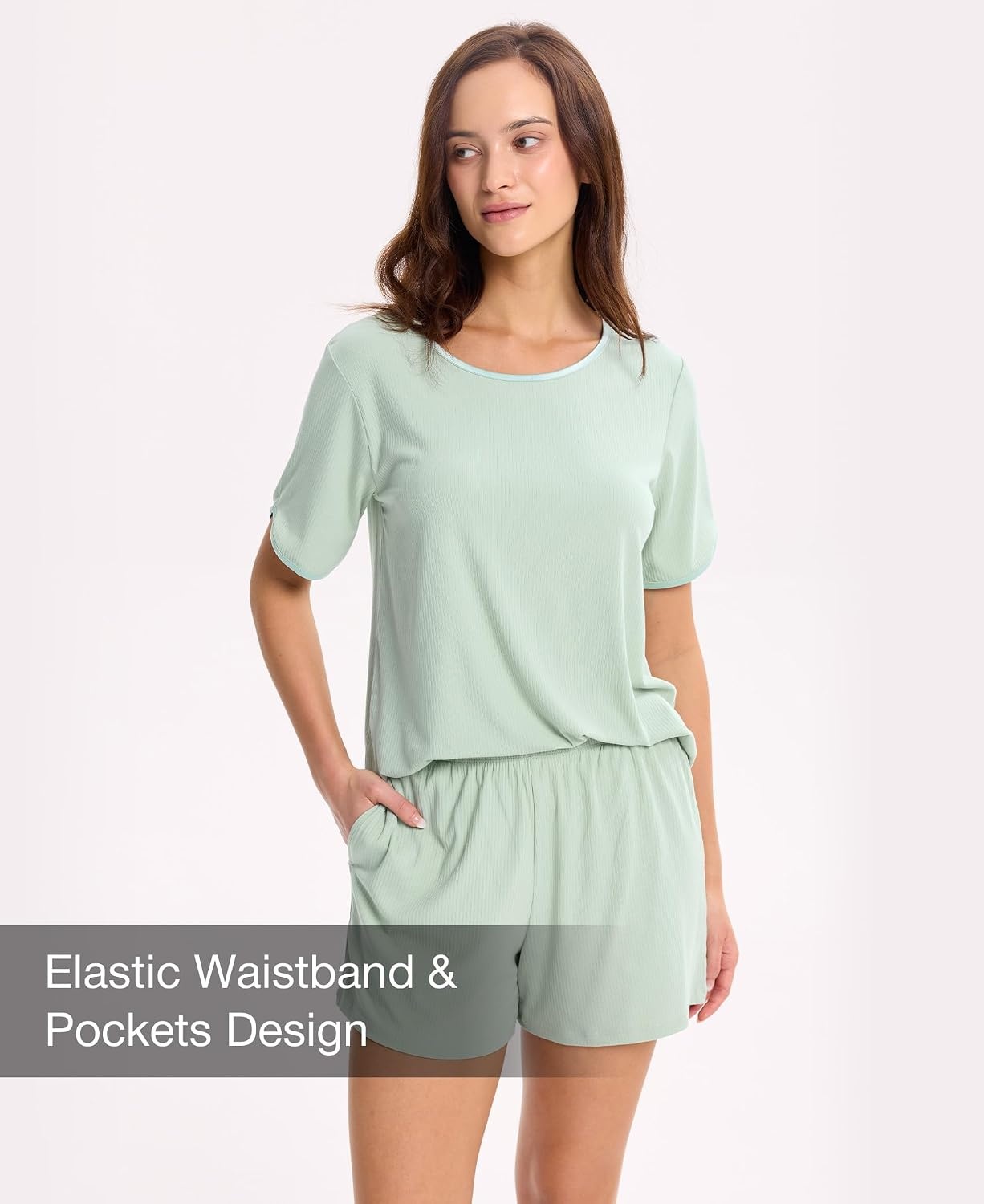 image:imageGYS Bamboo Viscose Sleepwear for Women Pajamas Shorts Set with Pockets Ribbed Knit Satin Crew Neck Night Sweats amp Hot Sleepers Friendly MoistureWicking Silky Soft Sleep Lounge SetsMint Green
