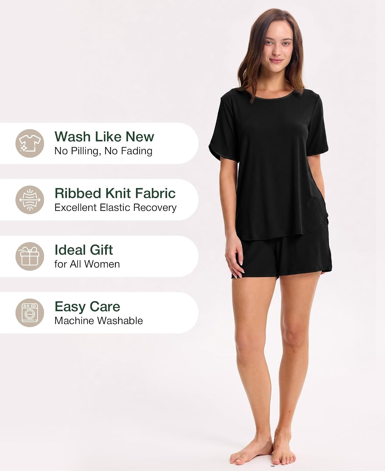 image:imageGYS Bamboo Viscose Sleepwear for Women Pajamas Shorts Set with Pockets Ribbed Knit Satin Crew Neck Night Sweats amp Hot Sleepers Friendly MoistureWicking Silky Soft Sleep Lounge SetsBlack