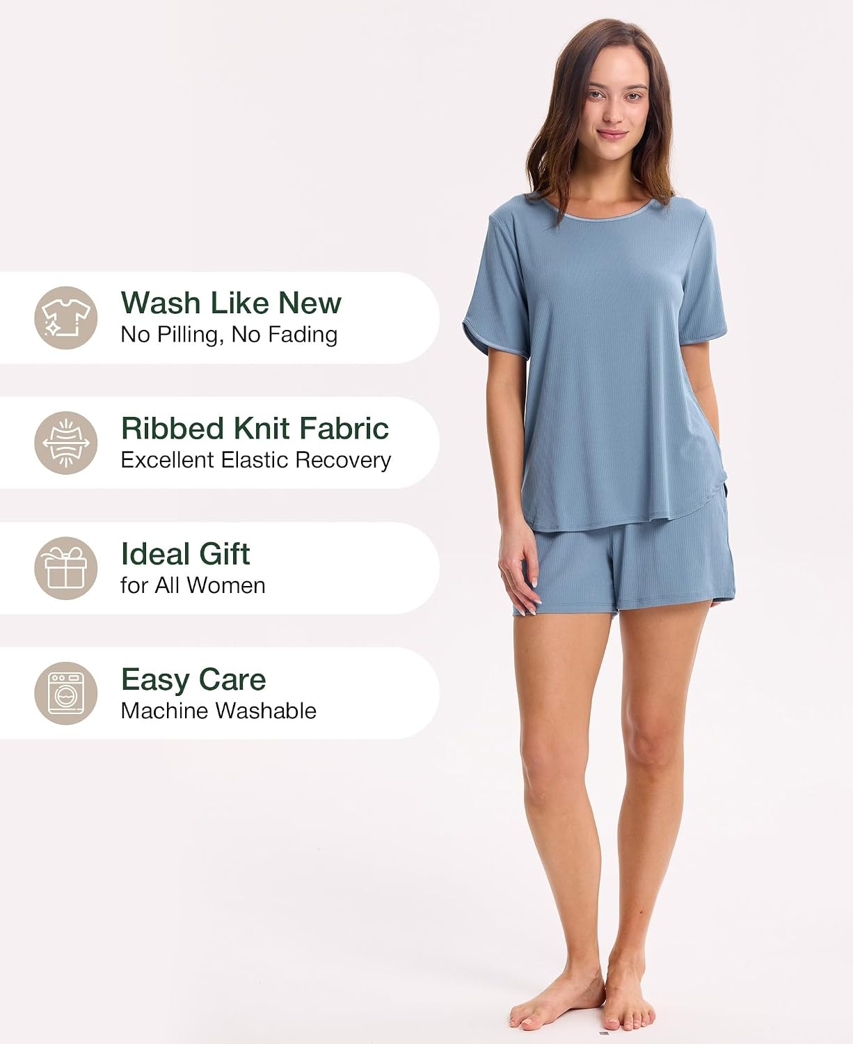 image:imageGYS Bamboo Viscose Sleepwear for Women Pajamas Shorts Set with Pockets Ribbed Knit Satin Crew Neck Night Sweats amp Hot Sleepers Friendly MoistureWicking Silky Soft Sleep Lounge SetsGrayish Blue