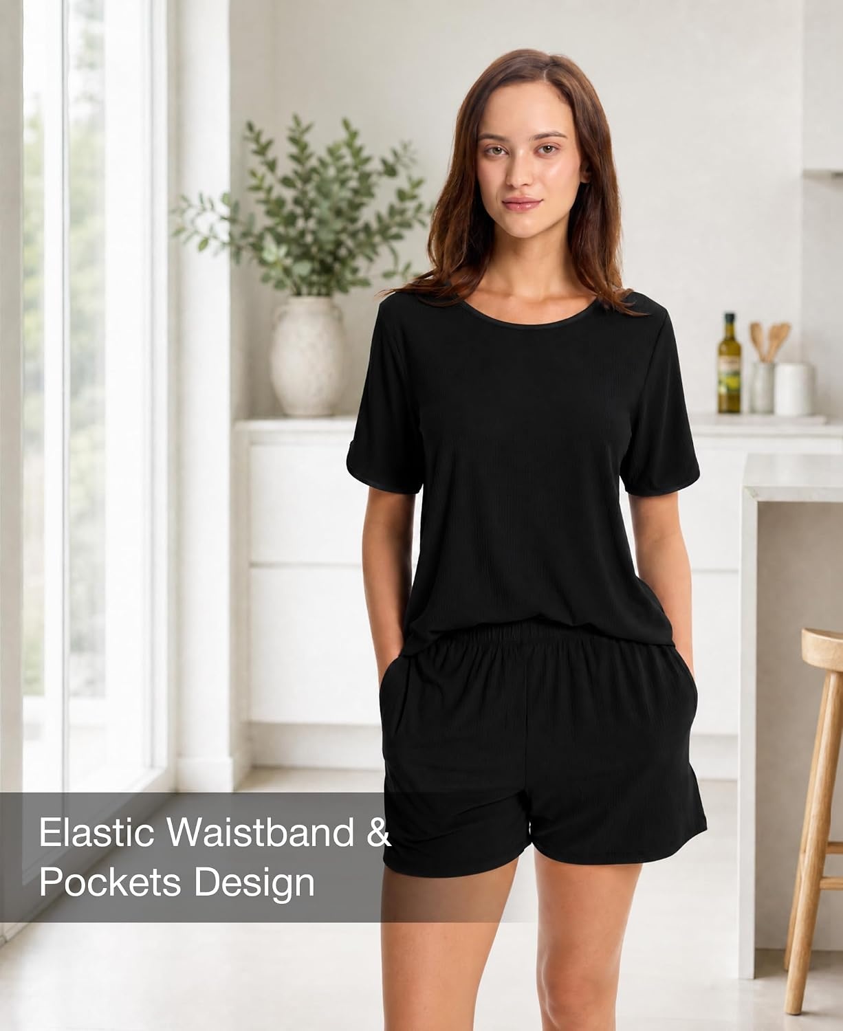 image:imageGYS Bamboo Viscose Sleepwear for Women Pajamas Shorts Set with Pockets Ribbed Knit Satin Crew Neck Night Sweats amp Hot Sleepers Friendly MoistureWicking Silky Soft Sleep Lounge SetsBlack
