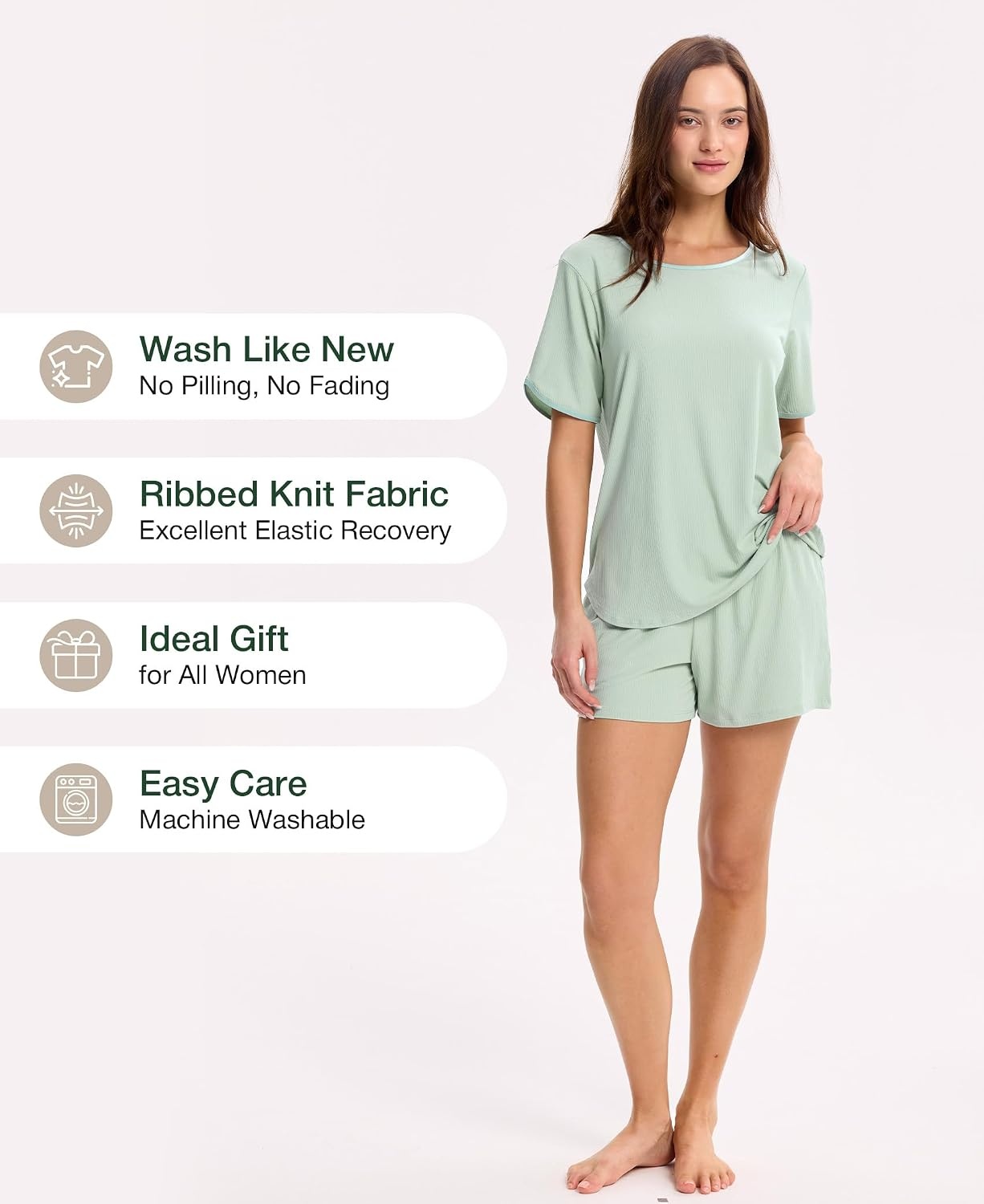 image:imageGYS Bamboo Viscose Sleepwear for Women Pajamas Shorts Set with Pockets Ribbed Knit Satin Crew Neck Night Sweats amp Hot Sleepers Friendly MoistureWicking Silky Soft Sleep Lounge SetsMint Green