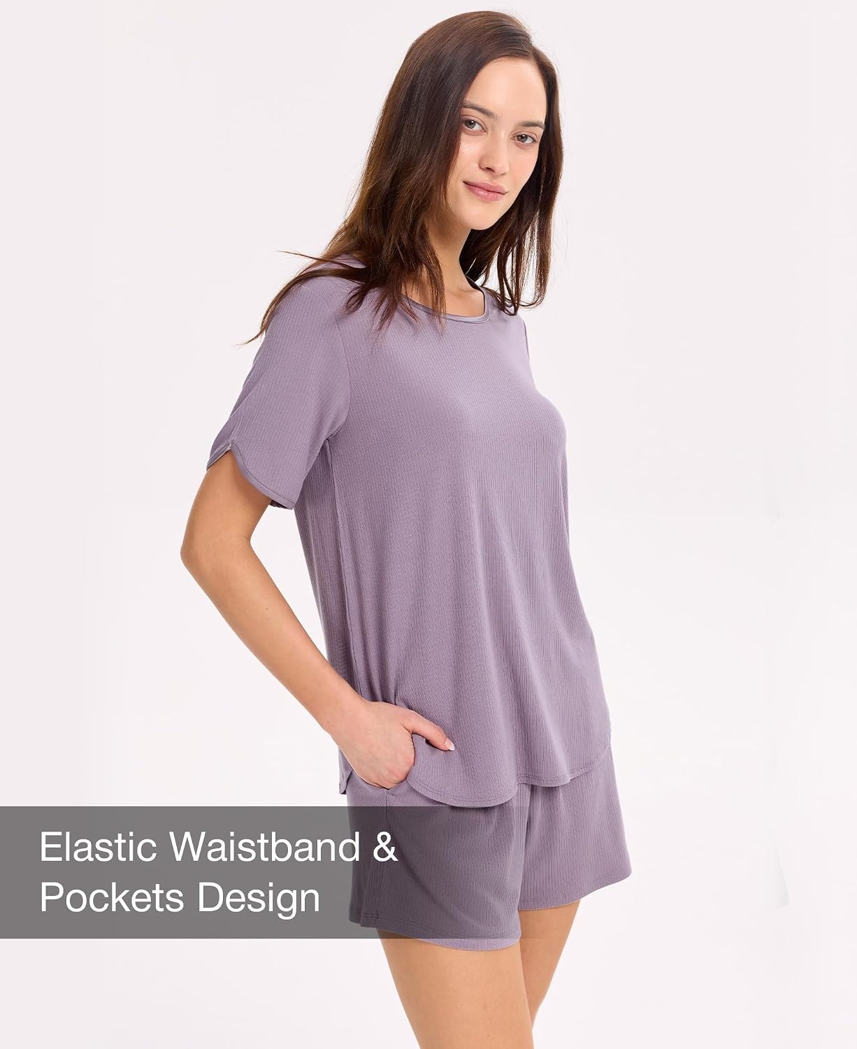 image:imageGYS Bamboo Viscose Sleepwear for Women Pajamas Shorts Set with Pockets Ribbed Knit Satin Crew Neck Night Sweats amp Hot Sleepers Friendly MoistureWicking Silky Soft Sleep Lounge SetsPurple