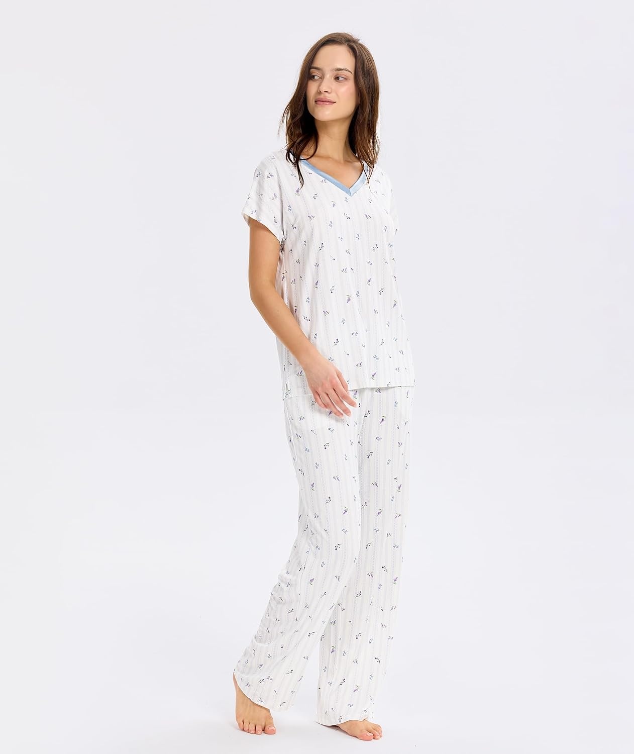 image:imageGYS Women Bamboo Viscose Short Sleeve Pajamas Cooling amp Moisture Wicking for Hot Sleepers Satin V Neck Sleepwear Stretch Sleep Lounge Sets with PocketsLavender Stripes