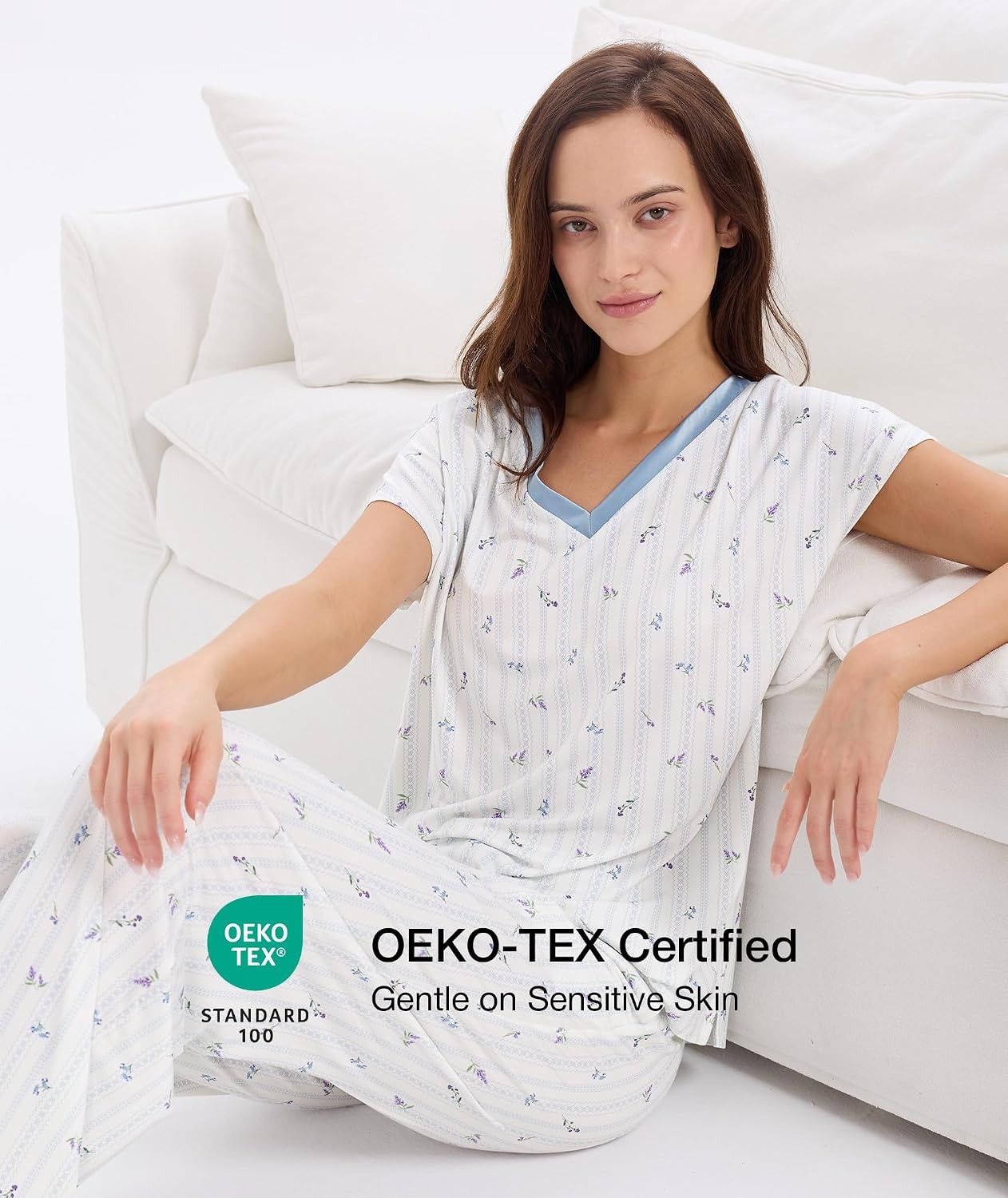 image:imageGYS Women Bamboo Viscose Short Sleeve Pajamas Cooling amp Moisture Wicking for Hot Sleepers Satin V Neck Sleepwear Stretch Sleep Lounge Sets with PocketsLavender Stripes