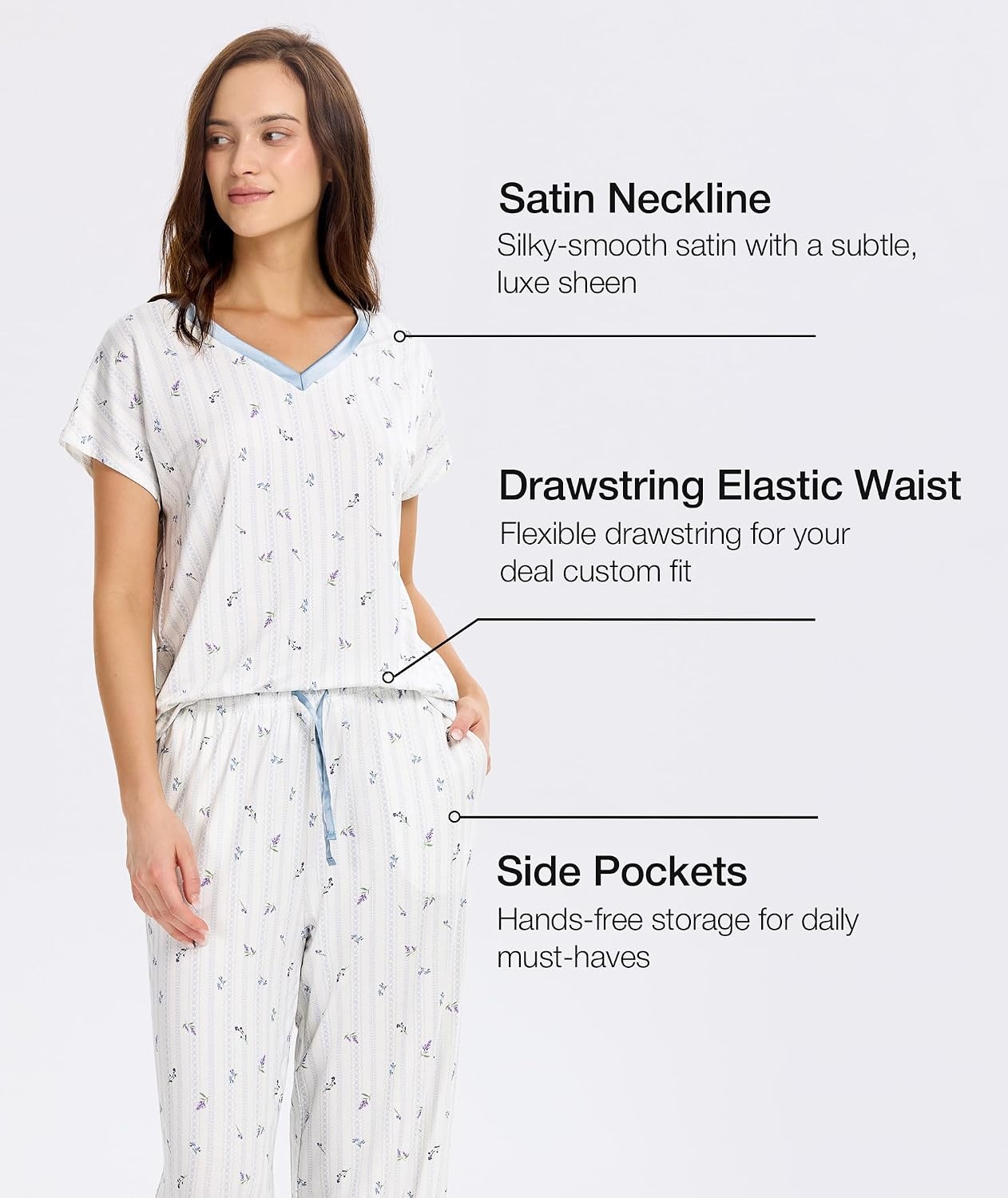 image:imageGYS Women Bamboo Viscose Short Sleeve Pajamas Cooling amp Moisture Wicking for Hot Sleepers Satin V Neck Sleepwear Stretch Sleep Lounge Sets with PocketsLavender Stripes