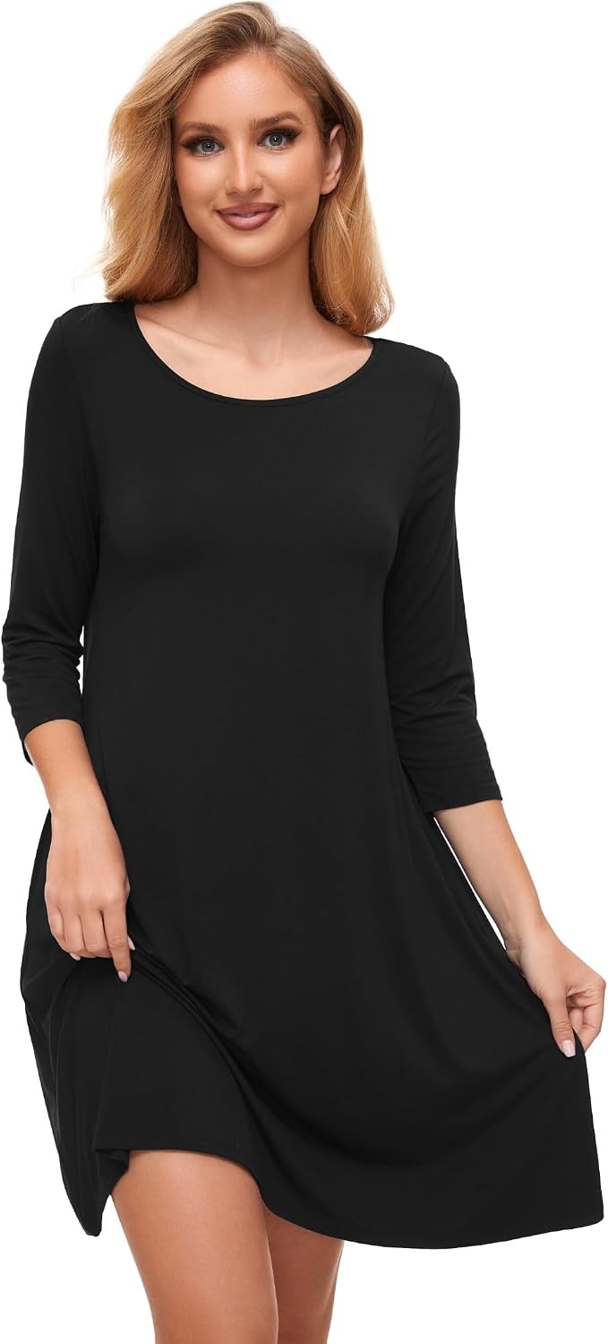 image:imageGYS Womens Bamboo Viscose 34 Sleeve Vneck Nightgown Cooling amp moisture wicking Comfortable amp breathable for hot sleeper Boatneck 2 pockets Stretch fabricBlack