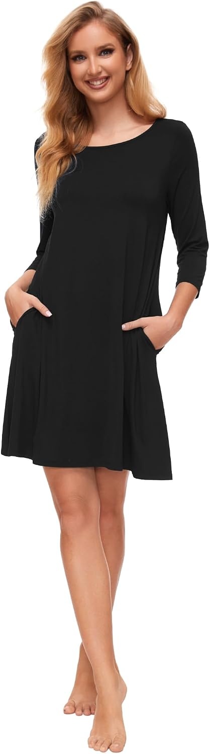 image:imageGYS Womens Bamboo Viscose 34 Sleeve Vneck Nightgown Cooling amp moisture wicking Comfortable amp breathable for hot sleeper Boatneck 2 pockets Stretch fabricBlack
