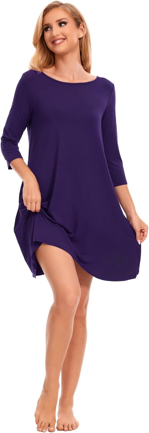 image:imageGYS Womens Bamboo Viscose 34 Sleeve Vneck Nightgown Cooling amp moisture wicking Comfortable amp breathable for hot sleeper Boatneck 2 pockets Stretch fabricPurple