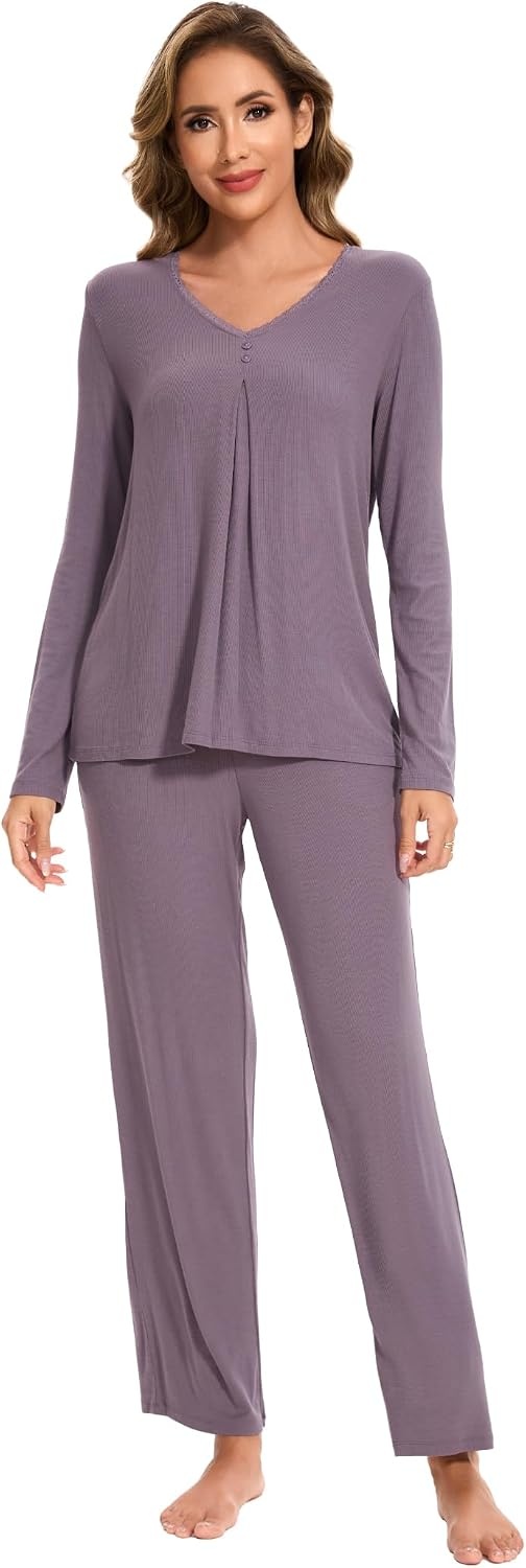 image:imageGYS Womens Bamboo Viscose Cooling Pleated Pajama Set for Hot Flashes Moisture wicking Breathable Tagless Soft stretch Pleated top Elastic waist 2 pockets for night sweats amp loungePurplish Grey