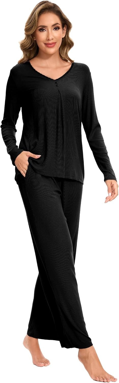 image:imageGYS Womens Bamboo Viscose Cooling Pleated Pajama Set for Hot Flashes Moisture wicking Breathable Tagless Soft stretch Pleated top Elastic waist 2 pockets for night sweats amp loungeBlack