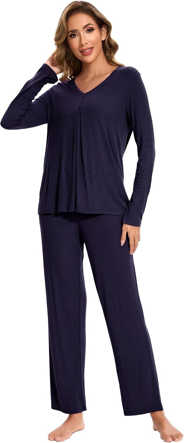 image:imageGYS Womens Bamboo Viscose Cooling Pleated Pajama Set for Hot Flashes Moisture wicking Breathable Tagless Soft stretch Pleated top Elastic waist 2 pockets for night sweats amp loungeNavy