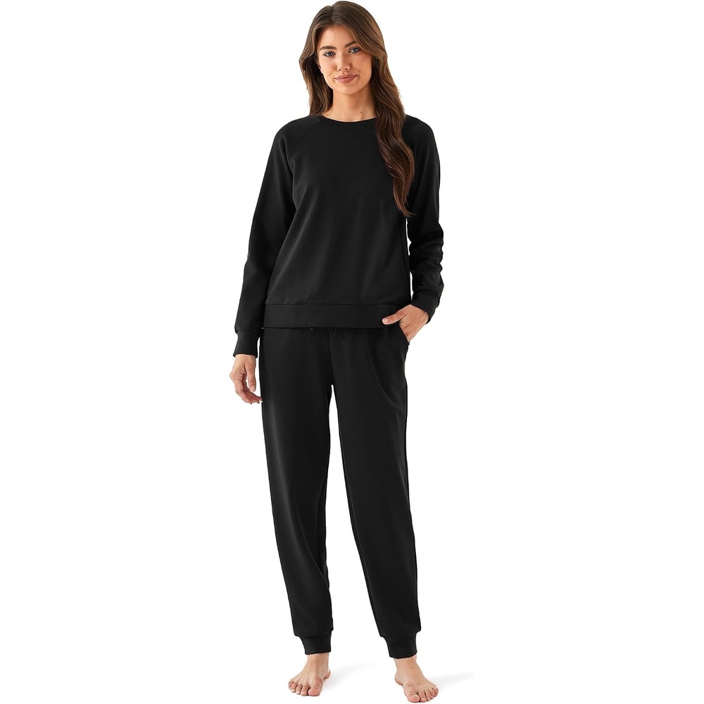 image:imageGYS 2Piece Sets Womens Sweatsuit Matching Lounge Set Fall Travel Outfits UltraSoft Modal Cotton MoistureWicking Breathable Comfy Stretchy Long Sleeve Crew Neck Loungewear SetBlack