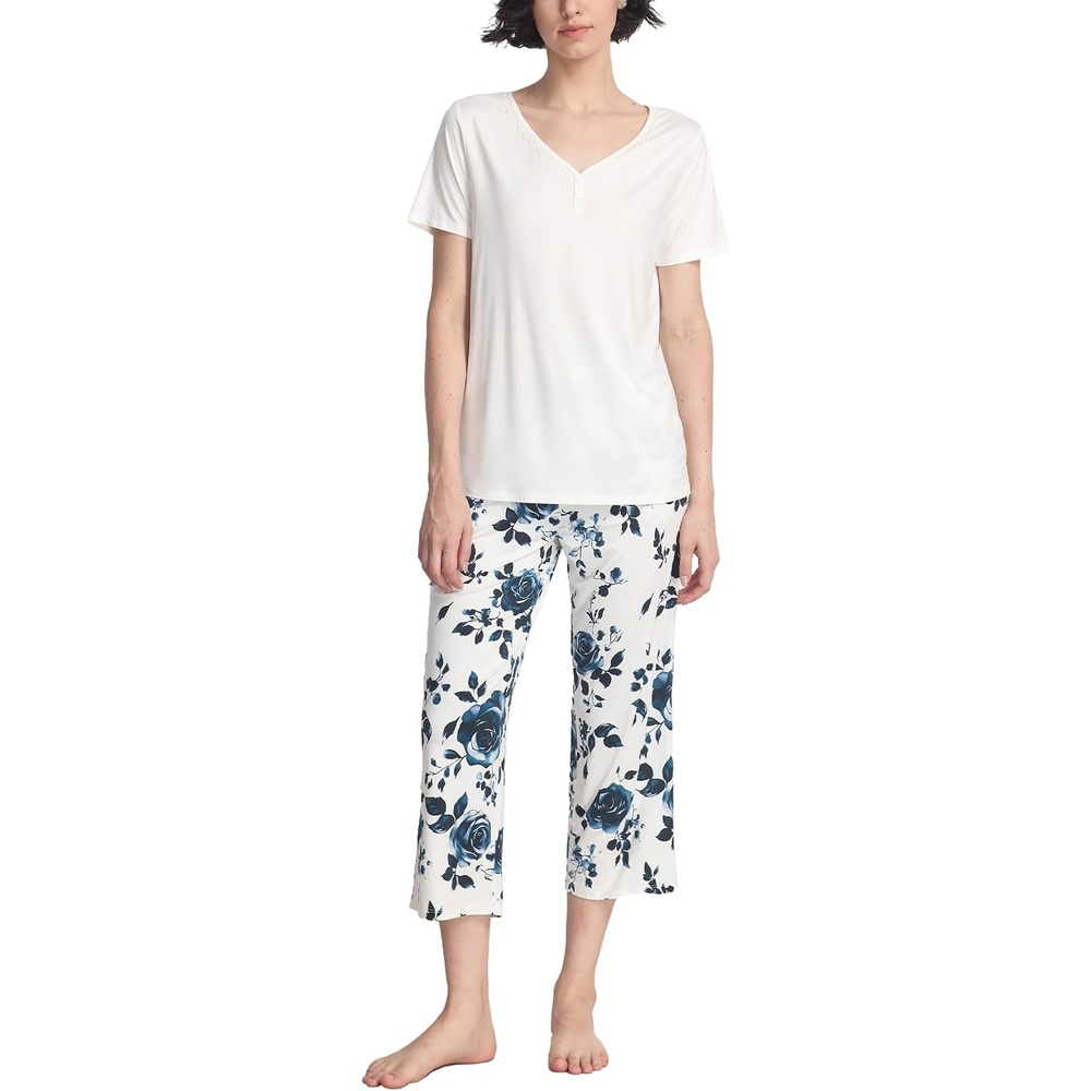 image:imageGYS Bamboo Viscose Pajama Set for Women Cooling MoistureWicking Sleepwear Breathable Short Sleeve Top with Capri Pants PJ Set Lightweight Loungewear for Hot Sleeper Casual Comfy Stretchy NightwearBlue Rose