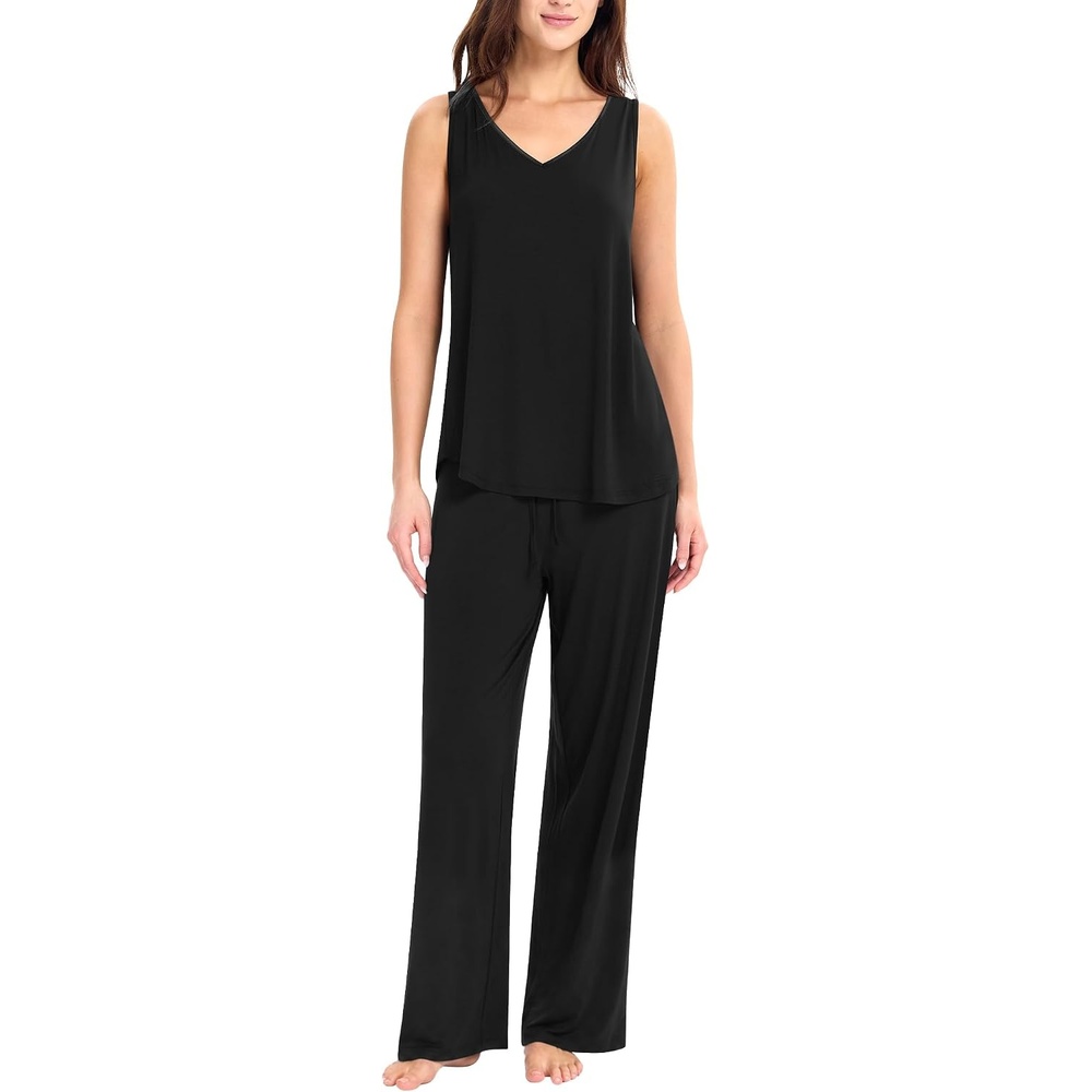 image:imageGYS Cooling Bamboo Viscose Pajamas for Women Sleeveless Tank Top amp Pants Pjs Set MoistureWicking for Night Sweats ButterySoft 2 Piece Lounge Sleep SetBlack