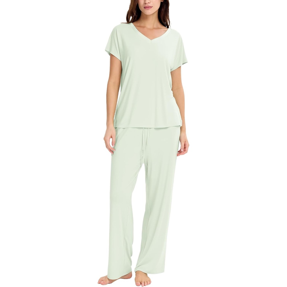 image:imageGYS Women Bamboo Viscose Short Sleeve Pajamas  Cooling amp Moisture Wicking for Hot Sleepers Satin V Neck Sleepwear Stretch Sleep Lounge Sets with PocketsCanary Green