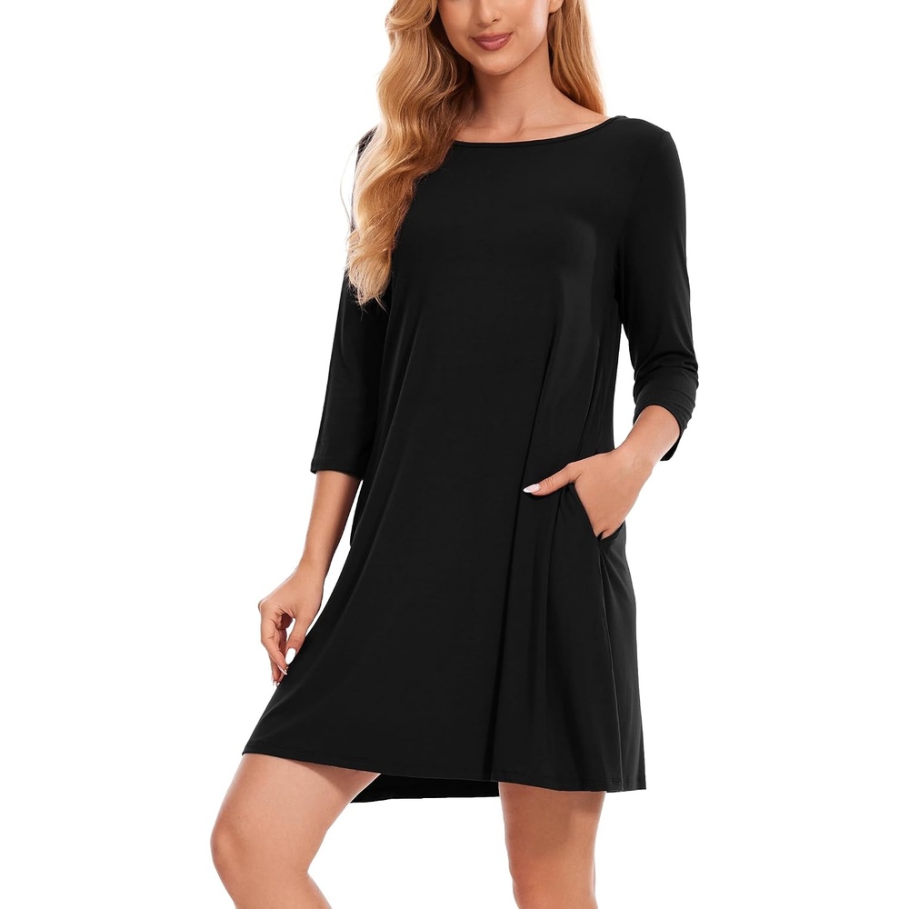 image:imageGYS Womens Bamboo Viscose 34 Sleeve Vneck Nightgown  Cooling amp moisture wicking Comfortable amp breathable for hot sleeper Boatneck 2 pockets Stretch fabricBlack