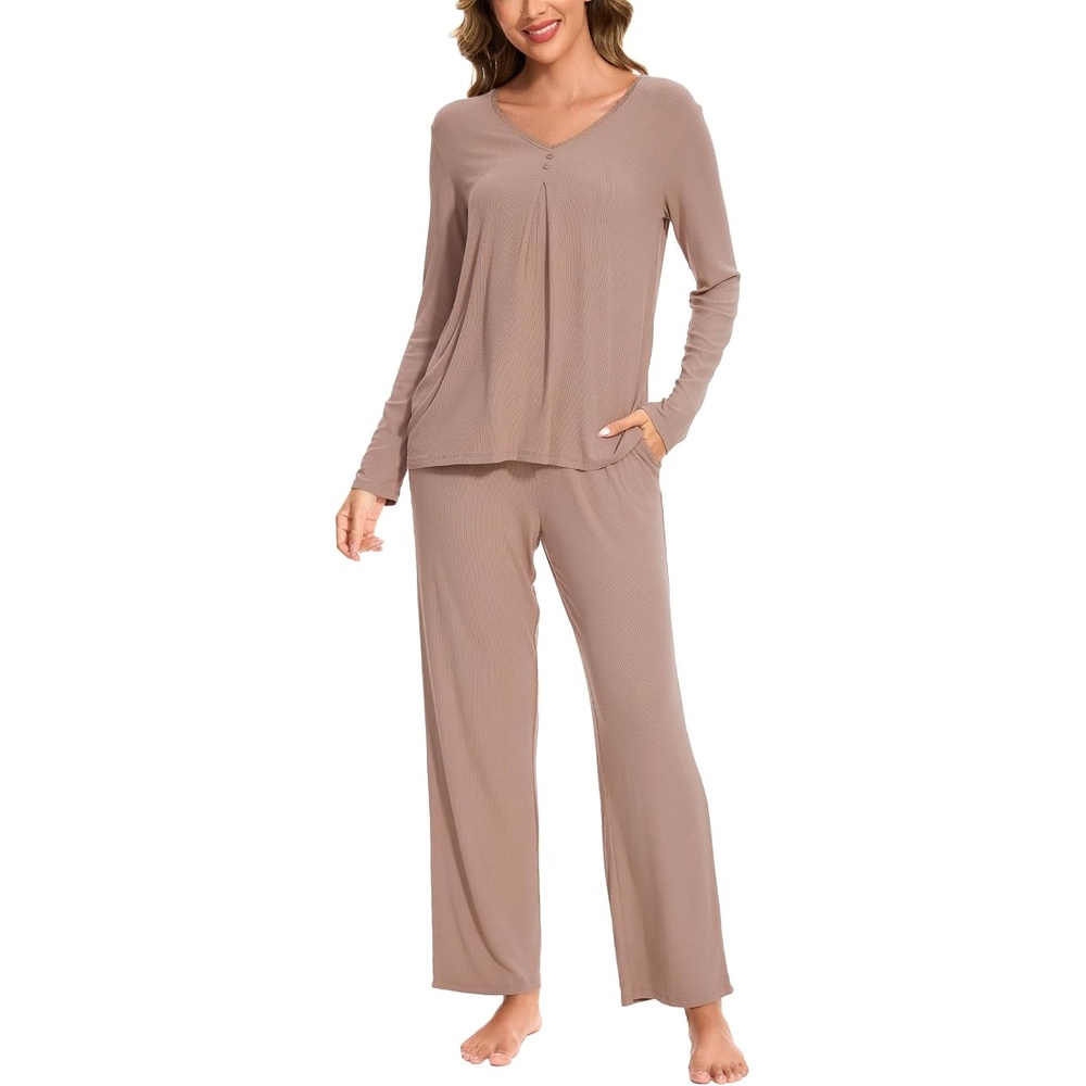 image:imageGYS Womens Bamboo Viscose Cooling Pleated Pajama Set for Hot Flashes Moisture wicking Breathable Tagless Soft stretch Pleated top Elastic waist 2 pockets for night sweats amp loungeCamel