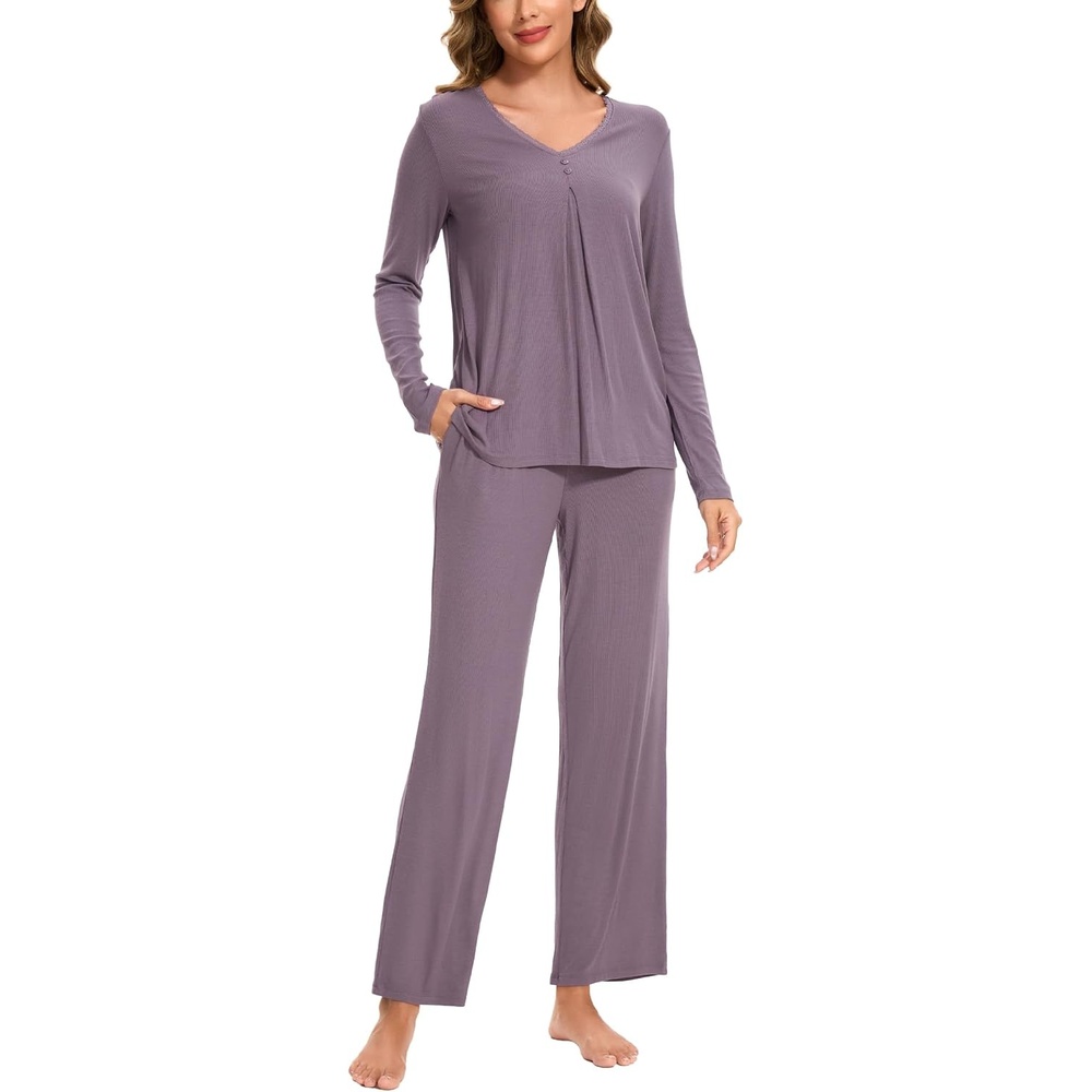 image:imageGYS Womens Bamboo Viscose Cooling Pleated Pajama Set for Hot Flashes Moisture wicking Breathable Tagless Soft stretch Pleated top Elastic waist 2 pockets for night sweats amp loungePurplish Grey