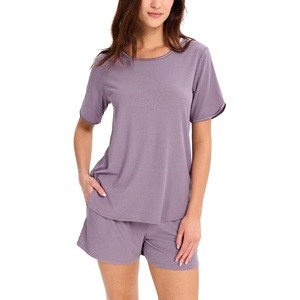 GYS Bamboo Viscose Sleepwear for Women Pajamas Shorts Set with Pockets | Ribbed Knit, Satin Crew Neck, Night Sweats & Hot Sleepers Friendly, Moisture-Wicking, Silky Soft Sleep Lounge Sets(Purple)