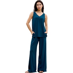 GYS Bamboo Viscose Women’s Pajama Sets 2 Piece Summer Sleeveless Sleepwear | Silky, Breathable, Lightweight, Sweat-wicking, V-neck Tank Flowy Top and Loose Long Pants with Pockets for Women, Lounge Wear(Ink Blue)