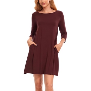 GYS Women’s Bamboo Viscose 3/4 Sleeve V-neck Nightgown | Cooling & moisture wicking, Comfortable & breathable, for hot sleeper, Boat-neck, 2 pockets, Stretch fabric(Ficus Red)