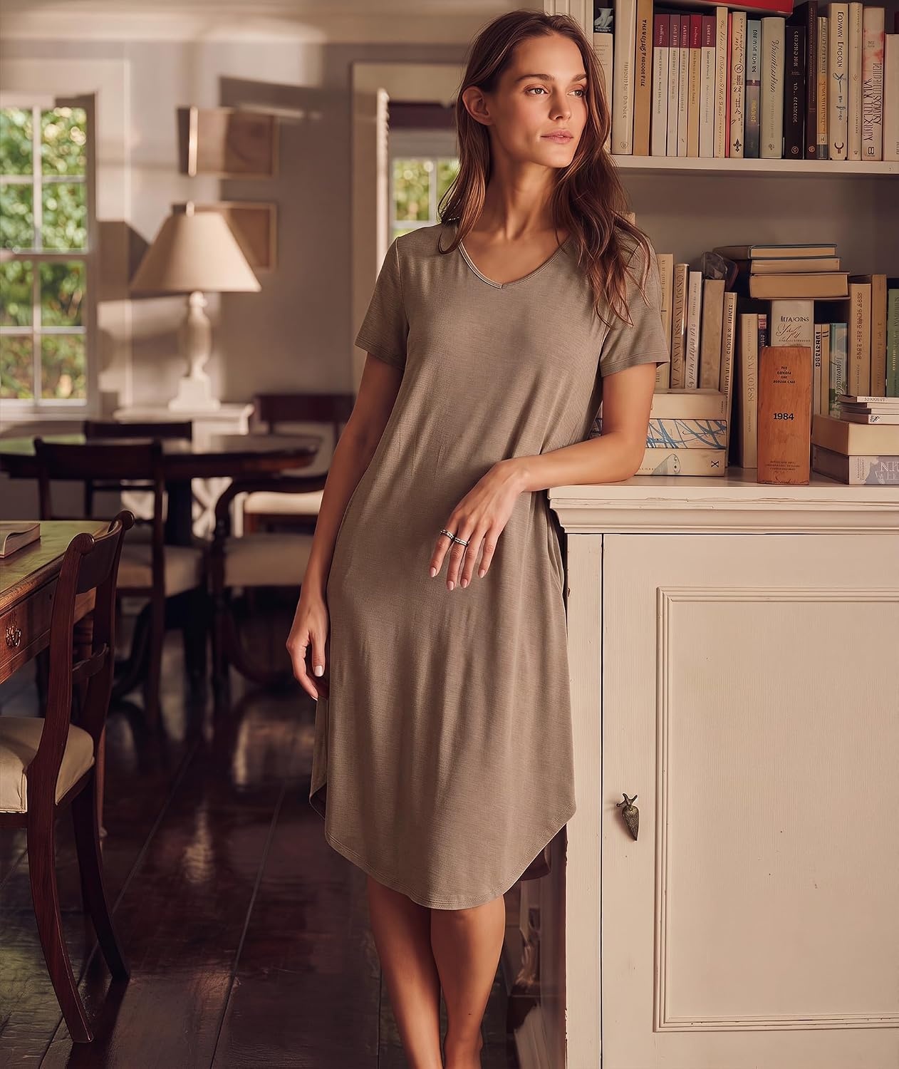 image:imageGYS Bamboo Viscose Nightgowns for Women Short Sleeve Sleep ShirtCamel