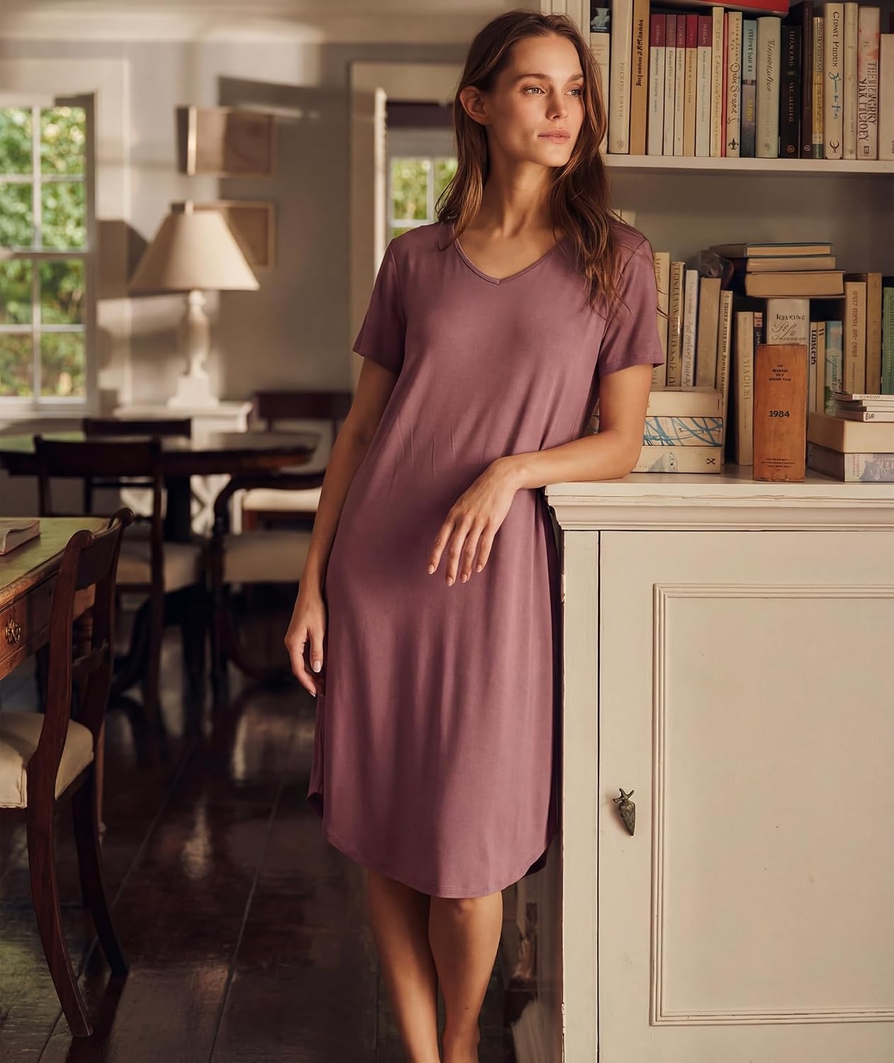 image:imageGYS Bamboo Viscose Nightgowns for Women Short Sleeve Sleep ShirtMauve
