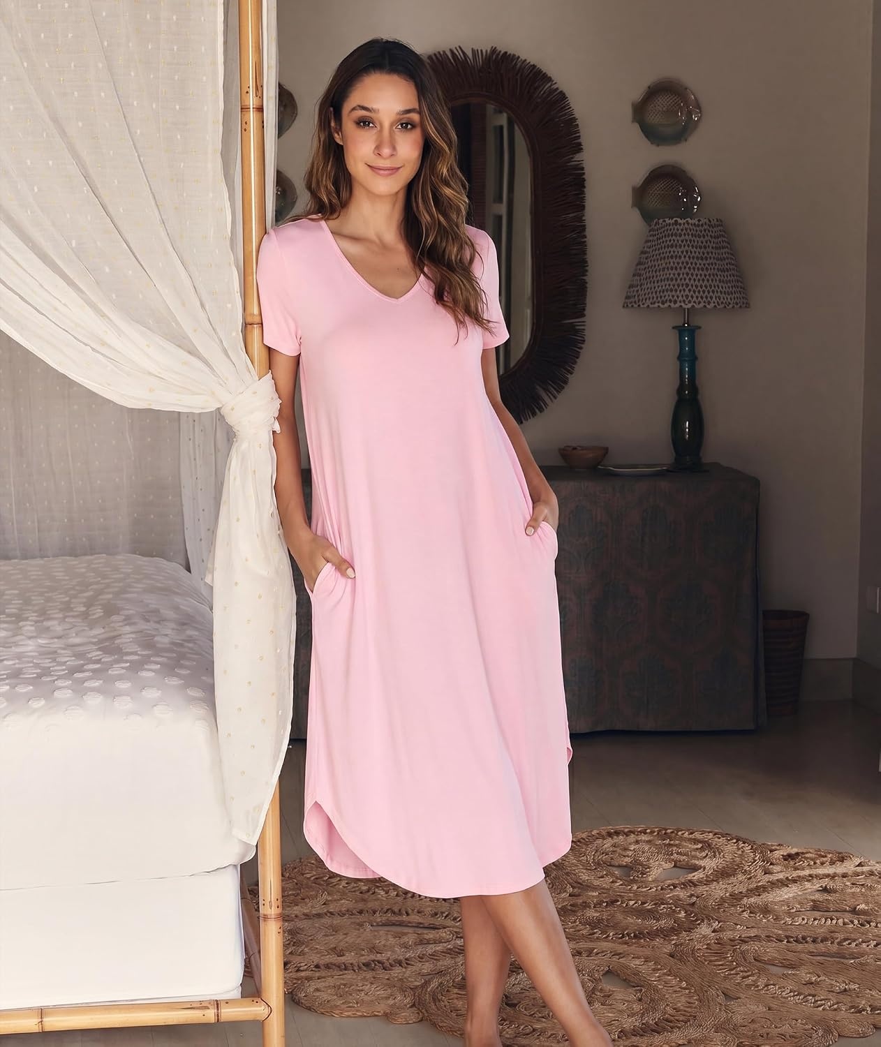 image:imageGYS Bamboo Viscose Nightgowns for Women Short Sleeve Sleep ShirtPink