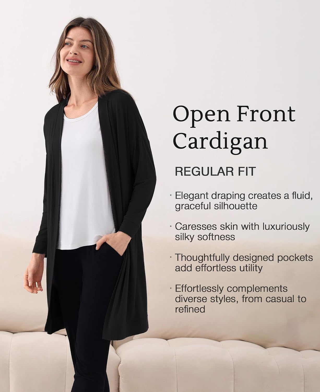 image:imageGYS Bamboo Viscose Women Open Front Cardigan Soft Long Sleeve Casual CoatBlack
