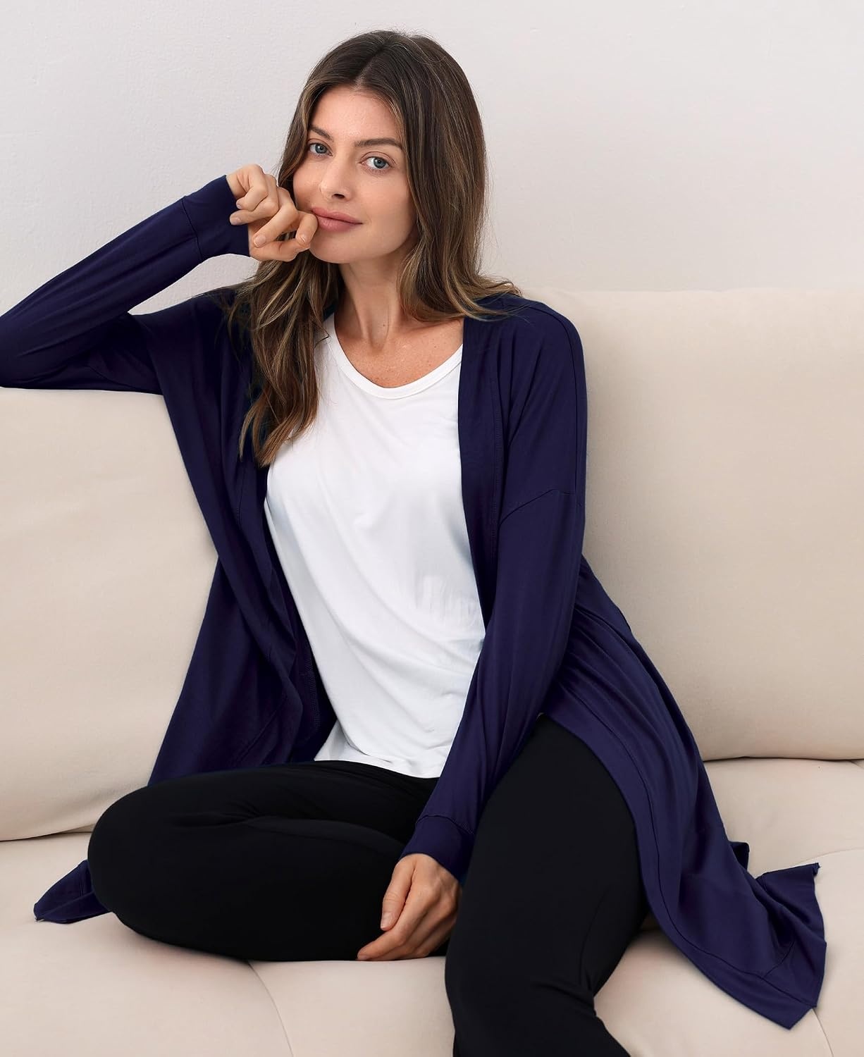 image:imageGYS Bamboo Viscose Women Open Front Cardigan Soft Long Sleeve Casual CoatNavy
