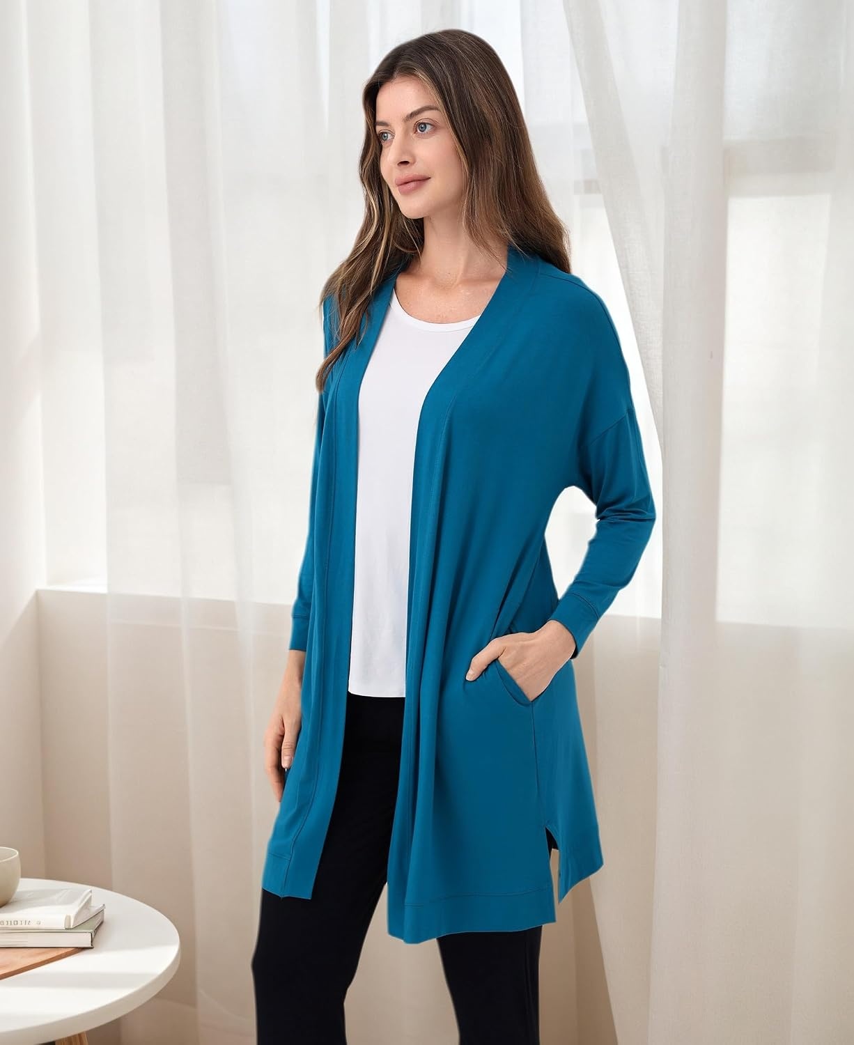 image:imageGYS Bamboo Viscose Women Open Front Cardigan Soft Long Sleeve Casual CoatTeal Blue