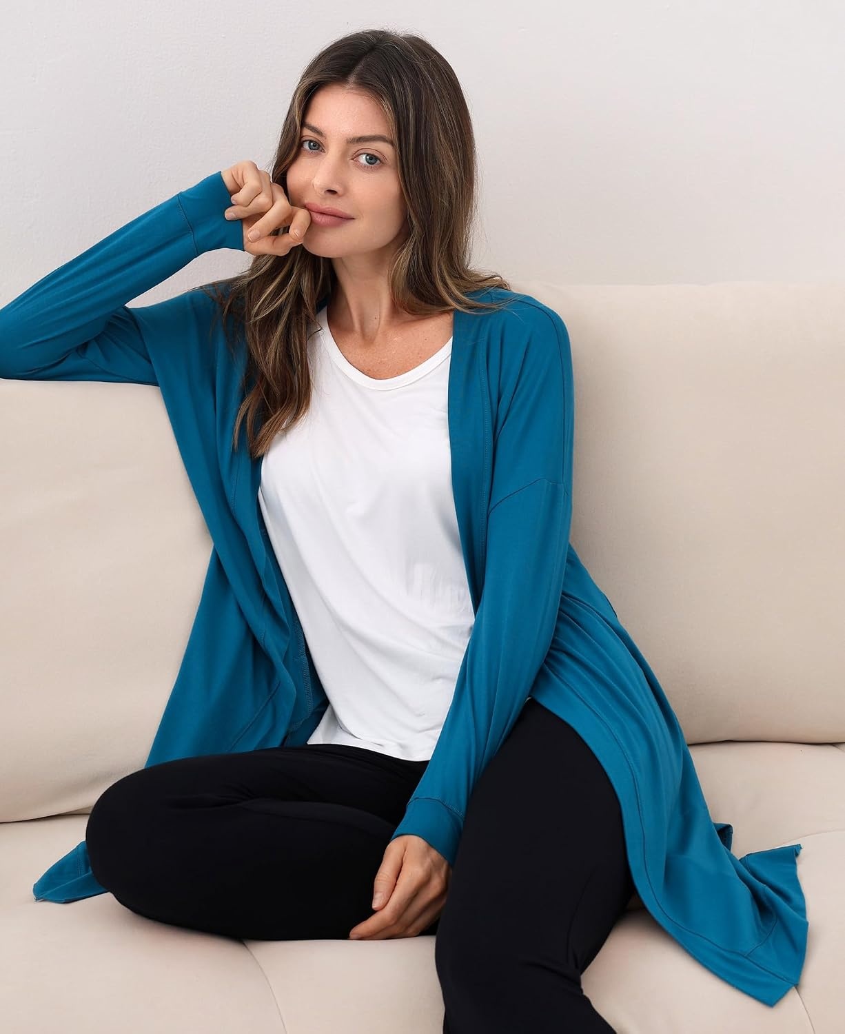image:imageGYS Bamboo Viscose Women Open Front Cardigan Soft Long Sleeve Casual CoatTeal Blue