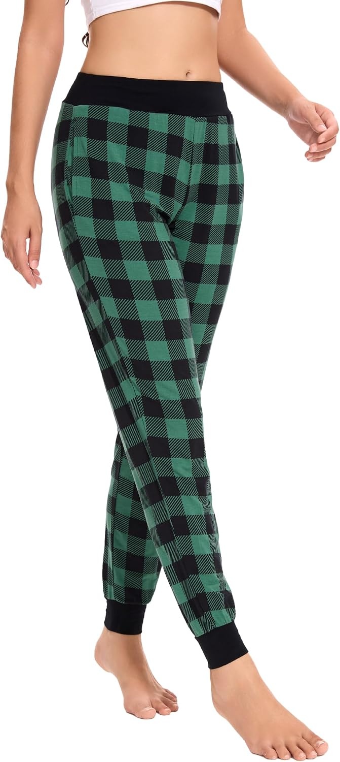 image:imageGYS Womens Bamboo Viscose Jogger Pajama PantsBlack Green Plaid