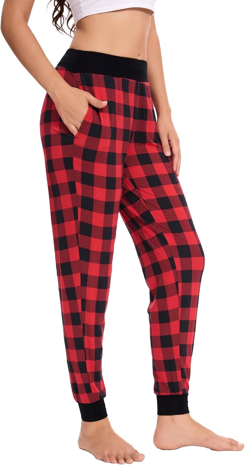 image:imageGYS Womens Bamboo Viscose Jogger Pajama PantsBlack Red Plaid