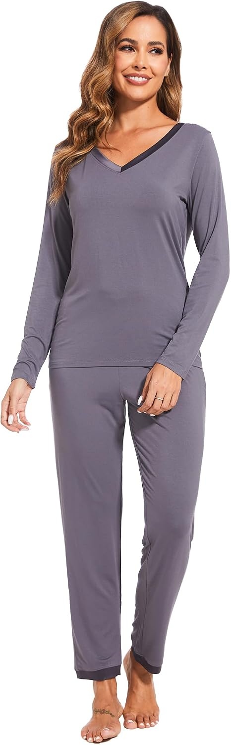 image:imageGYS Womens Bamboo Viscose Long Sleeve Pajamas SetB Dark Grey