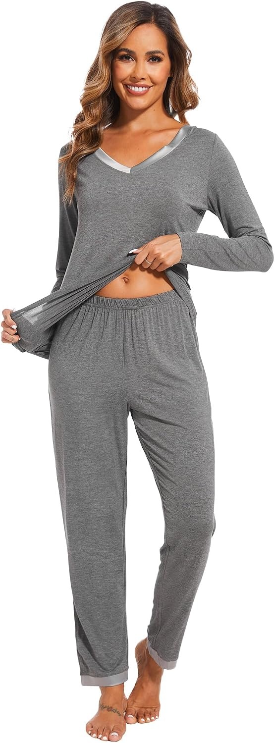 image:imageGYS Womens Bamboo Viscose Long Sleeve Pajamas SetB Dark Heather Grey
