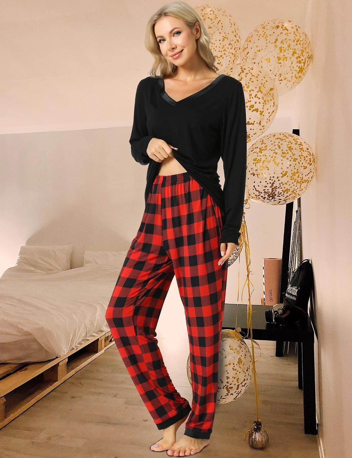 image:imageGYS Womens Bamboo Viscose Long Sleeve Pajamas SetB Red Plaid