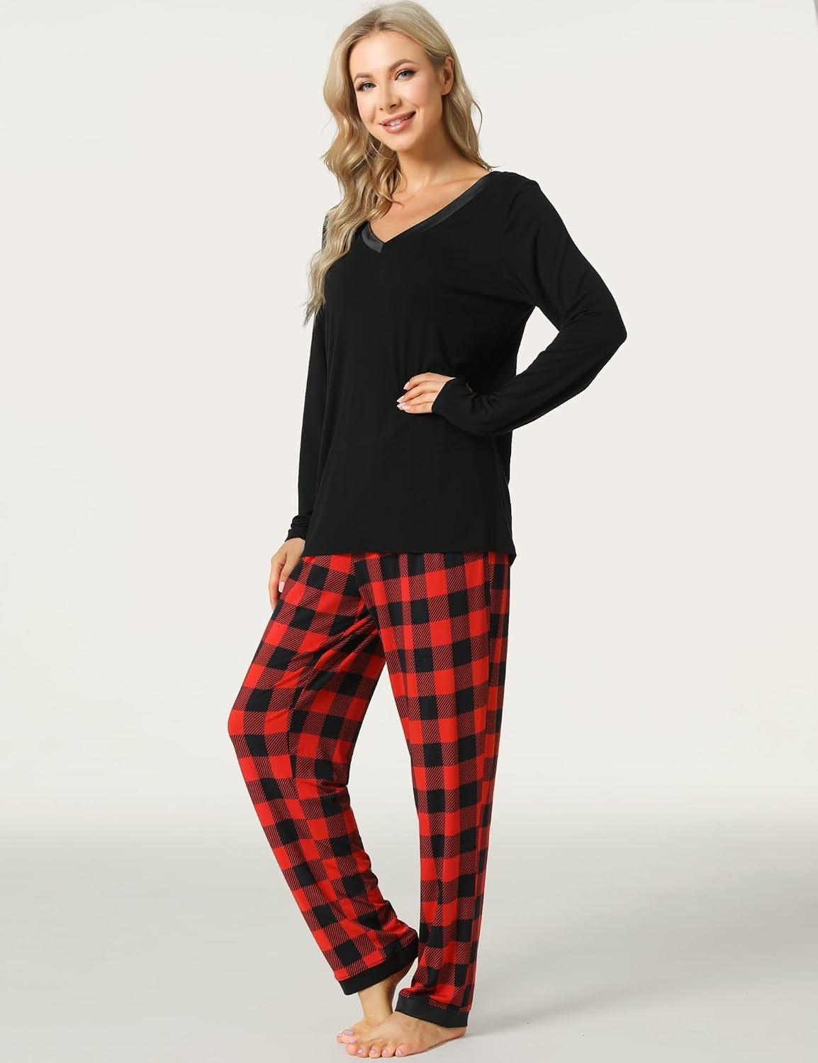 image:imageGYS Womens Bamboo Viscose Long Sleeve Pajamas SetB Red Plaid
