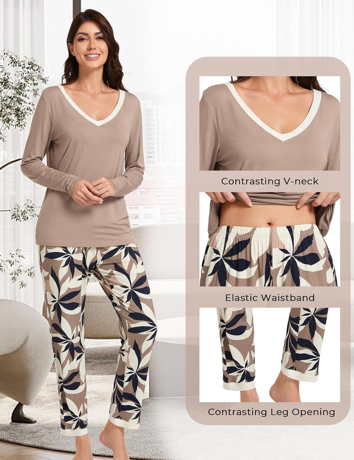 image:imageGYS Womens Bamboo Viscose Long Sleeve Pajamas SetD BrownPlants
