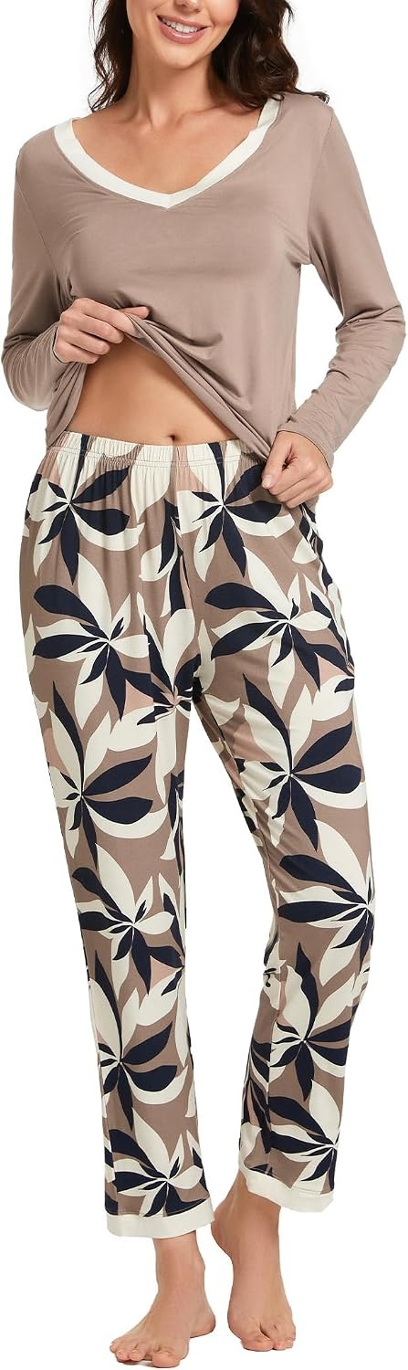 image:imageGYS Womens Bamboo Viscose Long Sleeve Pajamas SetD BrownPlants