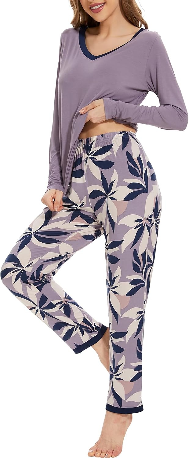 image:imageGYS Womens Bamboo Viscose Long Sleeve Pajamas SetD VioletPlants
