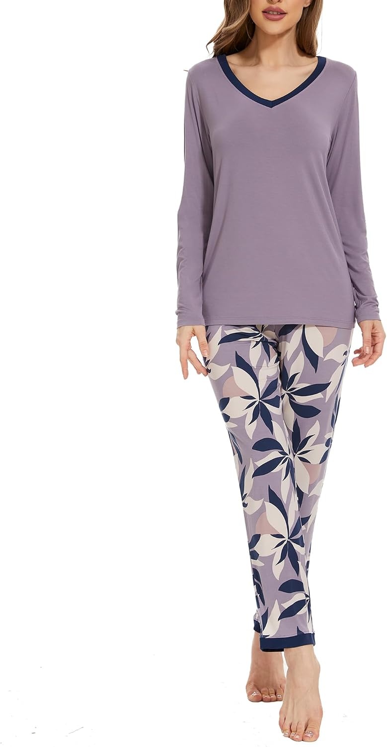 image:imageGYS Womens Bamboo Viscose Long Sleeve Pajamas SetD VioletPlants