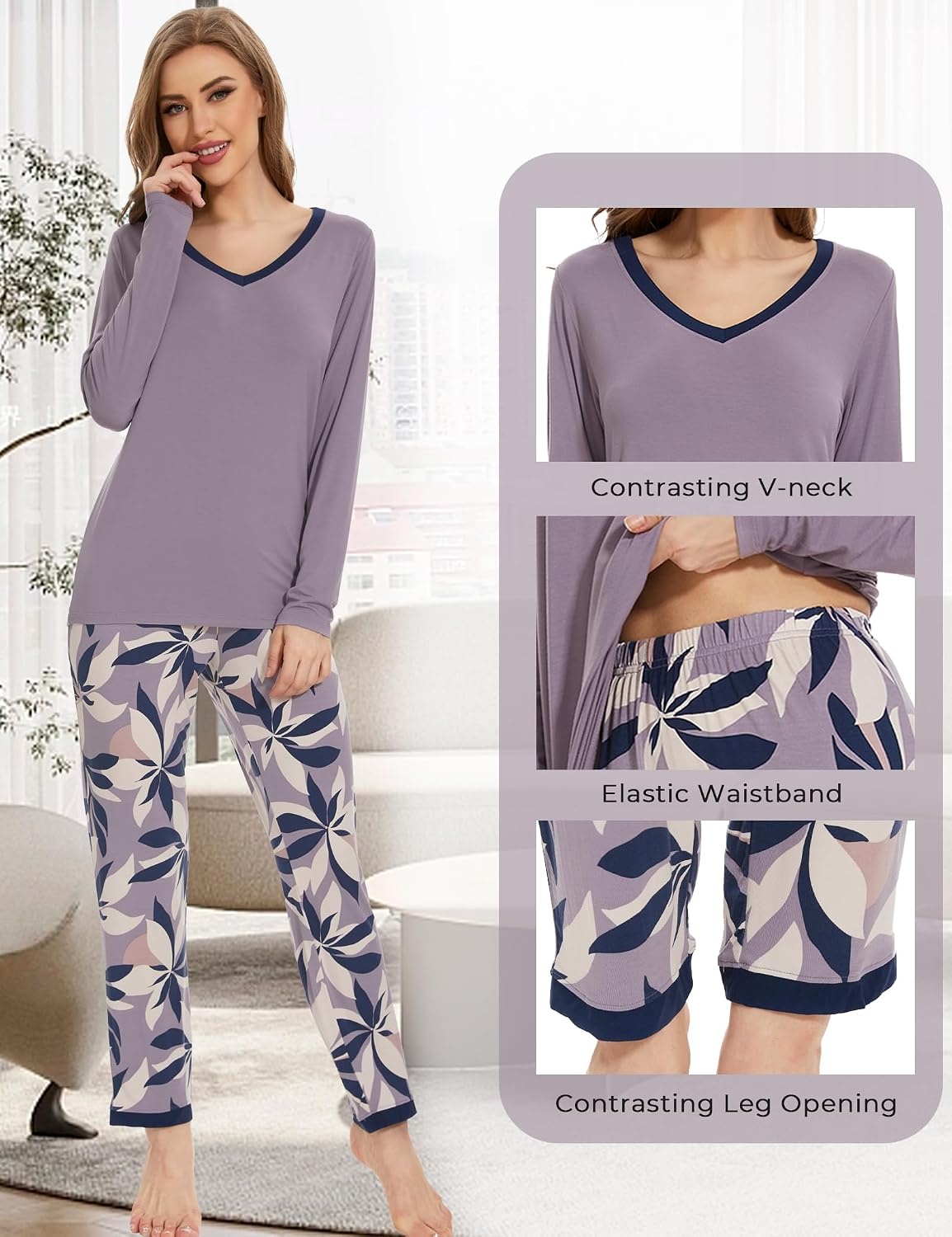 image:imageGYS Womens Bamboo Viscose Long Sleeve Pajamas SetD VioletPlants