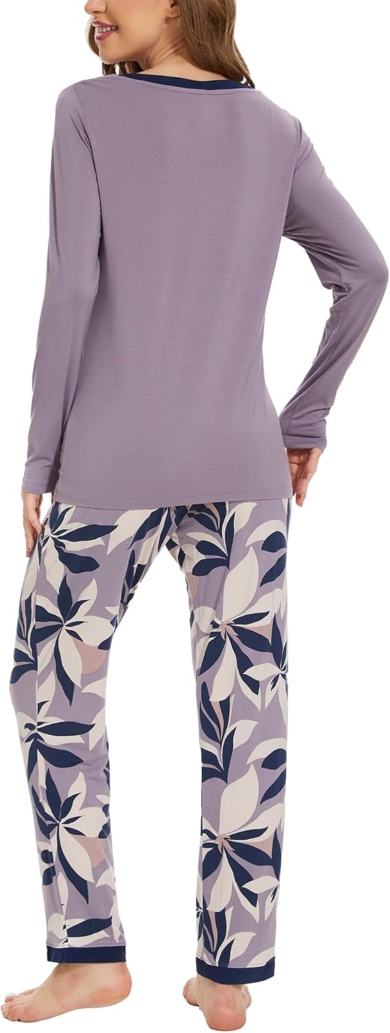 image:imageGYS Womens Bamboo Viscose Long Sleeve Pajamas SetD VioletPlants