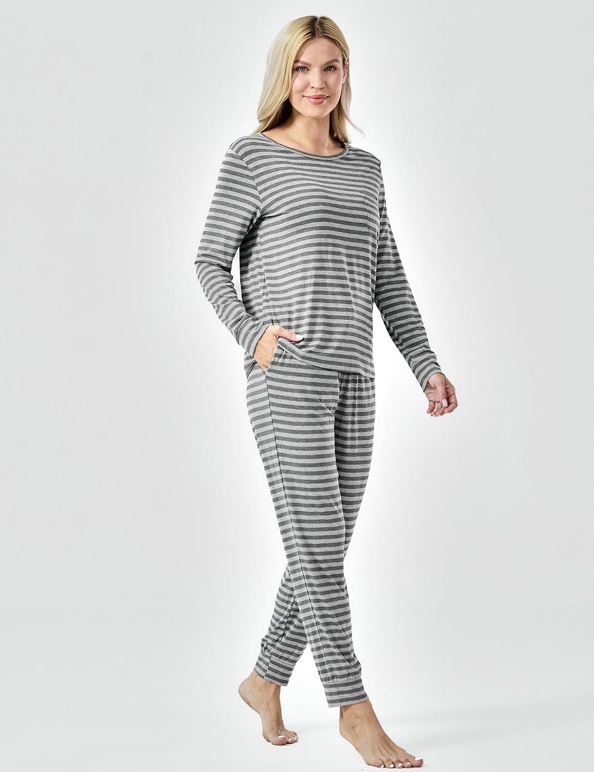 image:imageGYS Womens Bamboo Viscose Pajama Set Cooling for Hot FlashesHeather Grey Stripe