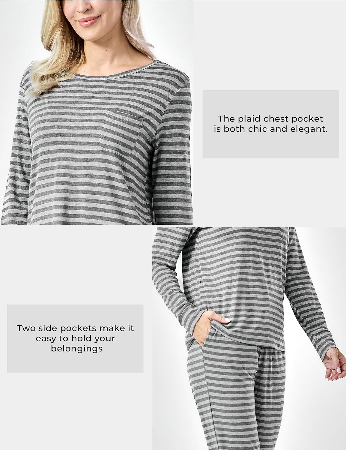 image:imageGYS Womens Bamboo Viscose Pajama Set Cooling for Hot FlashesHeather Grey Stripe