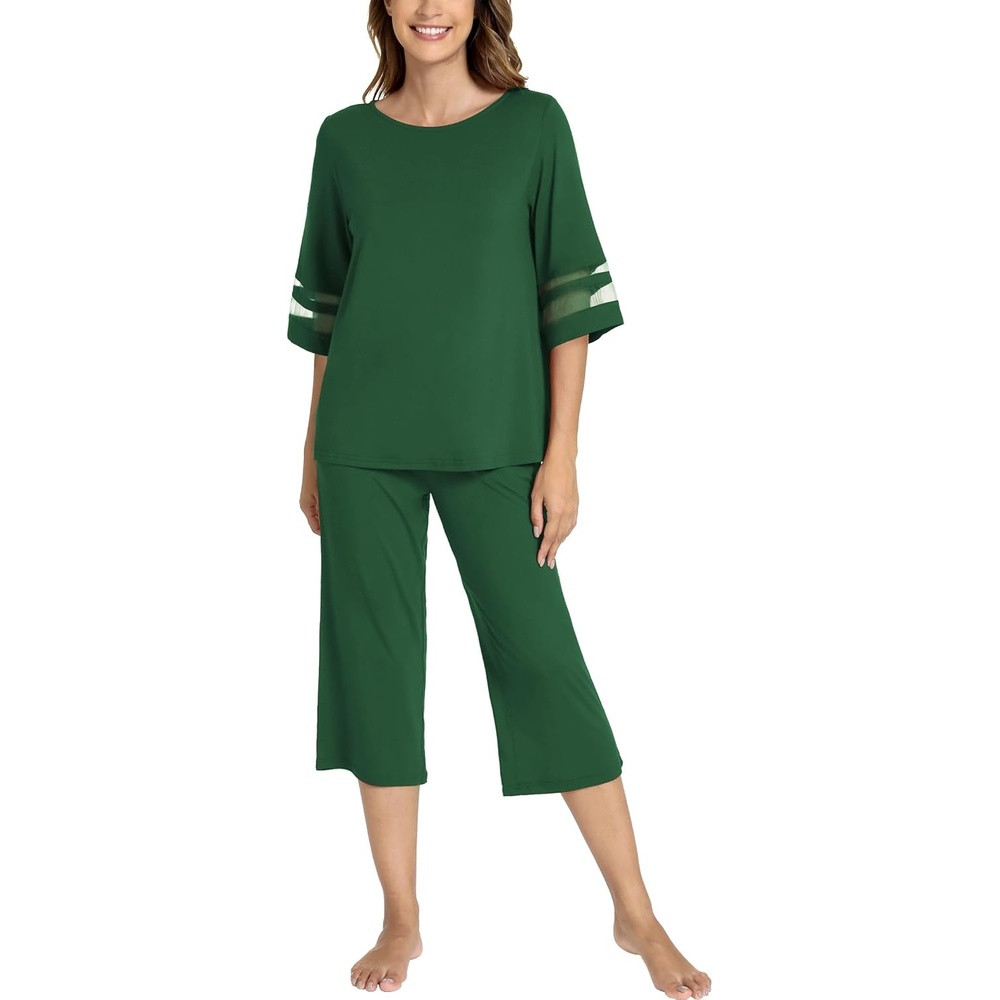 image:imageGYS Bamboo Viscose Capri Pajamas for Women Set Cooling 34 Sleeve PjsDark Green