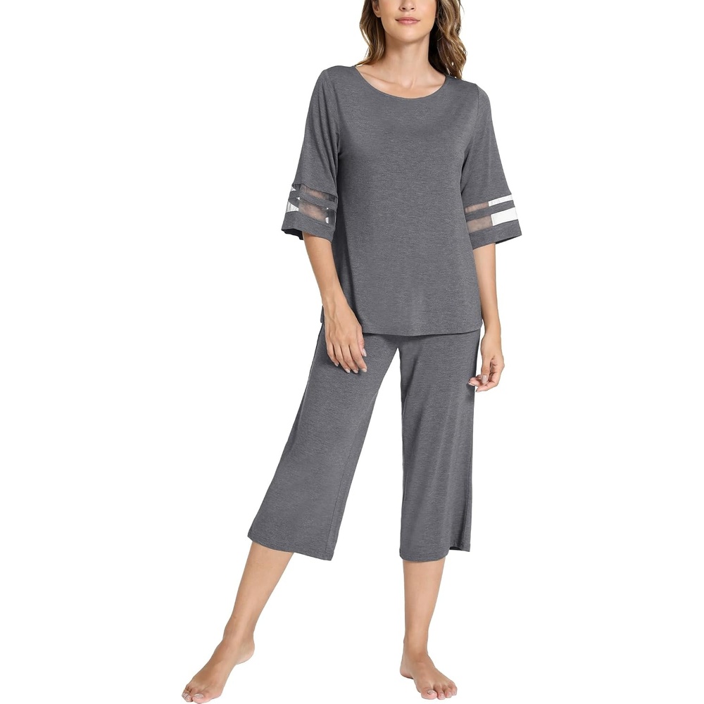 image:imageGYS Bamboo Viscose Capri Pajamas for Women Set Cooling 34 Sleeve PjsDark Heather Grey