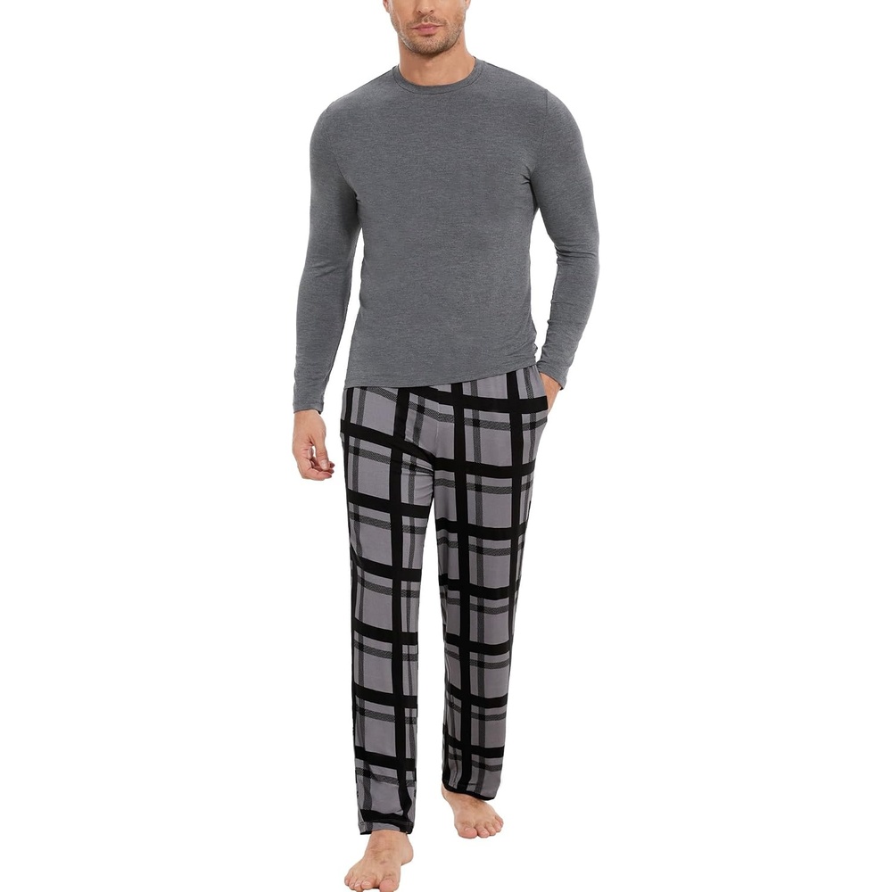image:imageGYS Bamboo Viscose Mens Pajama Sets Comfy Long Sleeve SleepwearDark Heather GreyPlaid