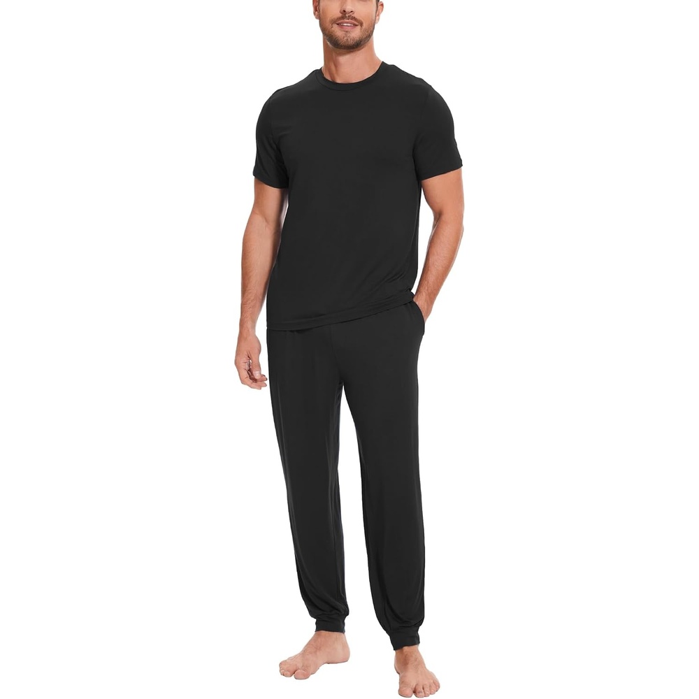 image:imageGYS Bamboo Viscose Mens Pajamas Set Short Sleeve Lounge Set for Hot FlashesBlack